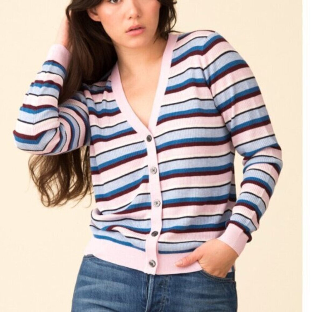 KULE Blue Pink Striped Ribbed Cardigan Casual Classic Women's Size‎ Small